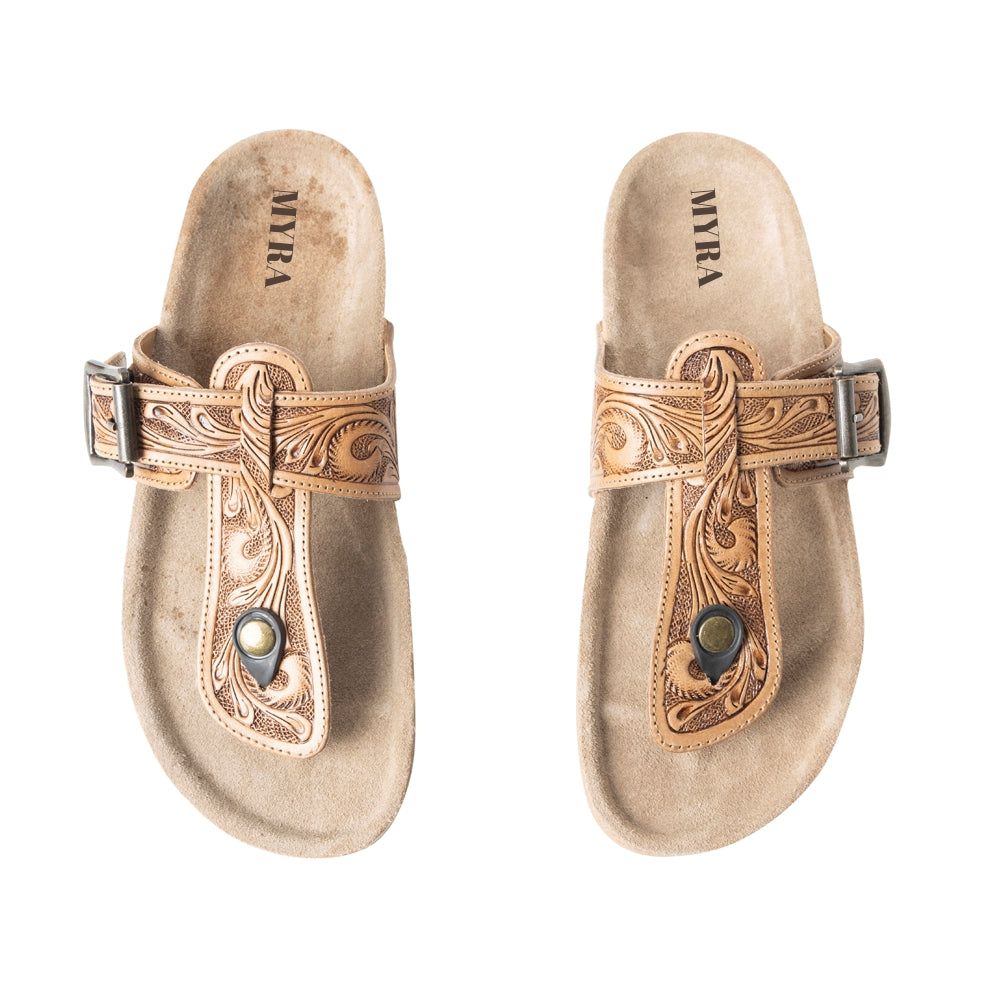 Sandalias Planas de Cuero Myra Balinda Ridge con Correa en T para Mujer - Sandalias Western Grabadas con Suela Acolchada para Comodidad Diaria