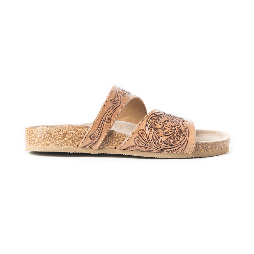 Sandalias Myra Westward Wind de cuero tallado a mano para mujer – Diseño de tiras cruzadas con suave suela de corcho para una comodidad acolchada al estilo western