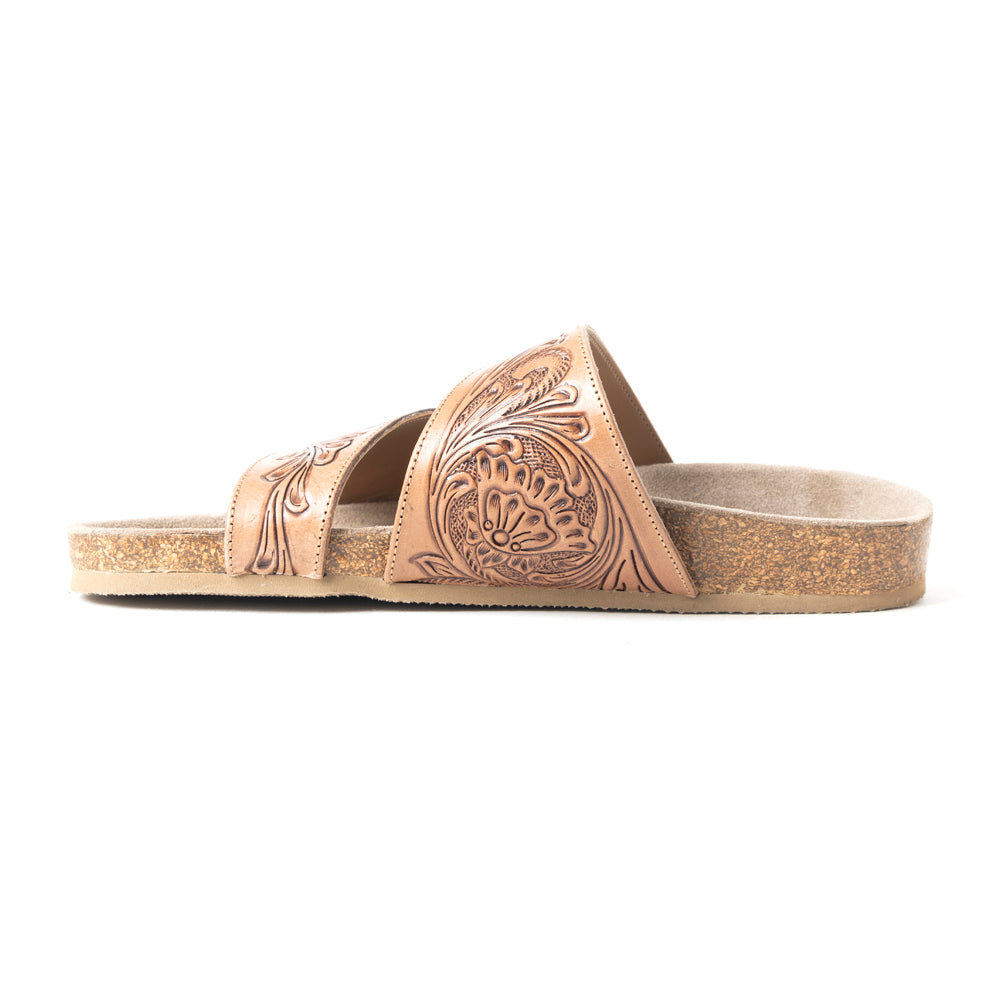 Sandalias Myra Westward Wind de cuero tallado a mano para mujer – Diseño de tiras cruzadas con suave suela de corcho para una comodidad acolchada al estilo western