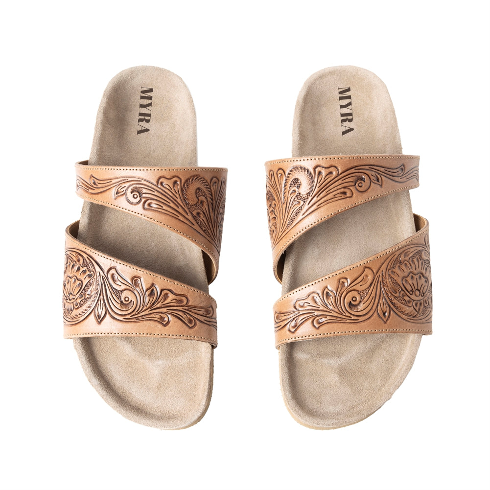 Sandalias Myra Westward Wind de cuero tallado a mano para mujer – Diseño de tiras cruzadas con suave suela de corcho para una comodidad acolchada al estilo western