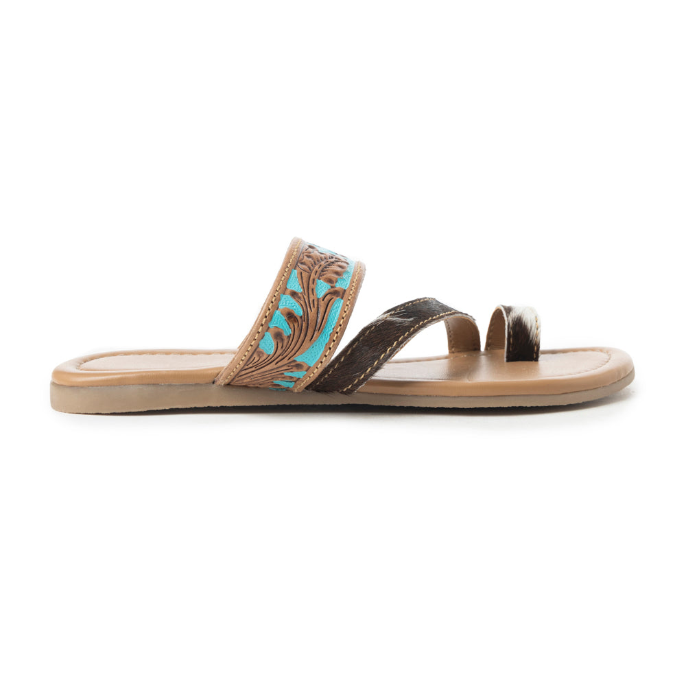 Sandalias Myra LaDonna elaboradas a mano para mujer – Zuecos Azure Western Hairon para días de rancho y noches de rodeo