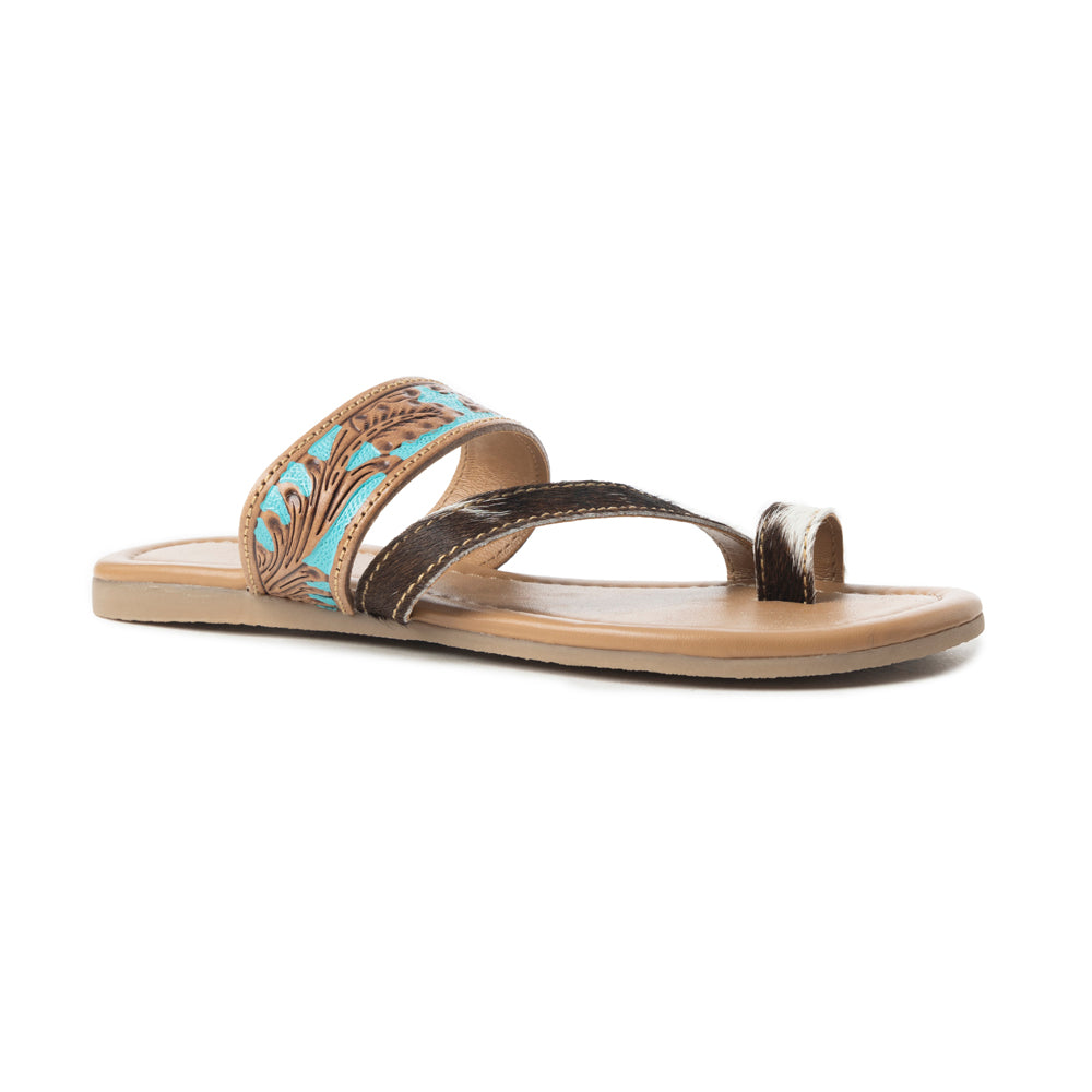 Sandalias Myra LaDonna elaboradas a mano para mujer – Zuecos Azure Western Hairon para días de rancho y noches de rodeo