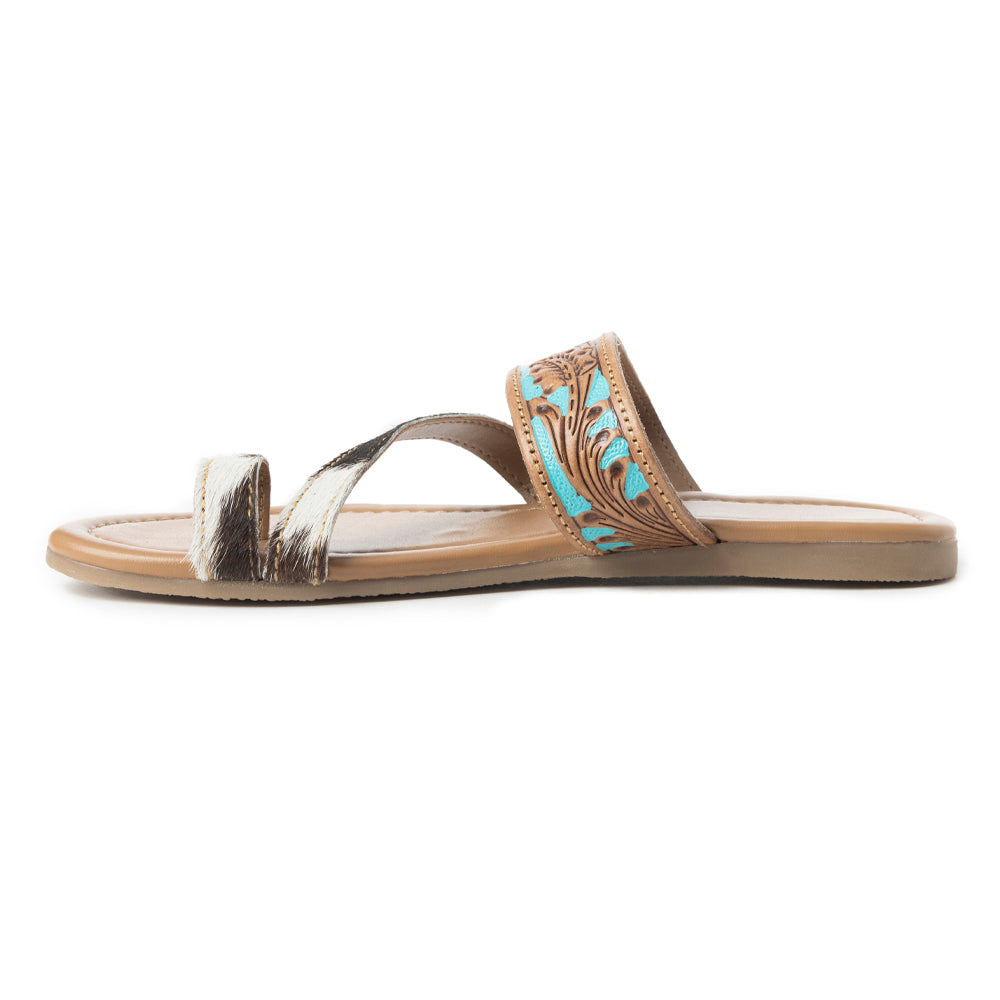 Sandalias Myra LaDonna elaboradas a mano para mujer – Zuecos Azure Western Hairon para días de rancho y noches de rodeo