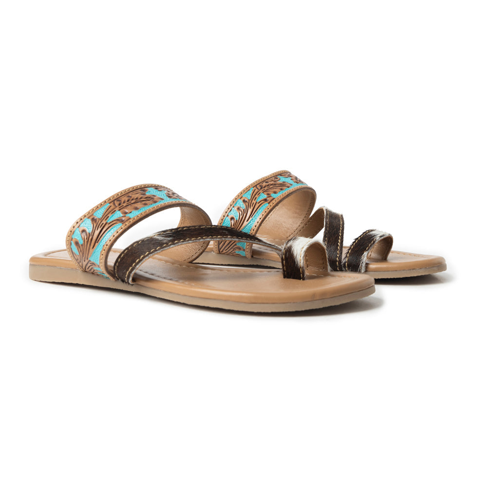 Sandalias Myra LaDonna elaboradas a mano para mujer – Zuecos Azure Western Hairon para días de rancho y noches de rodeo
