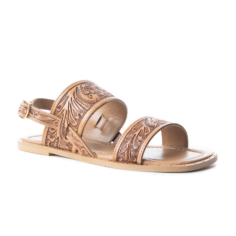 Sandalias de cuero Myra Wildflower Wanderer grabadas a mano para mujer – Correa con hebilla al tobillo, tallado floral western, comodidad diaria