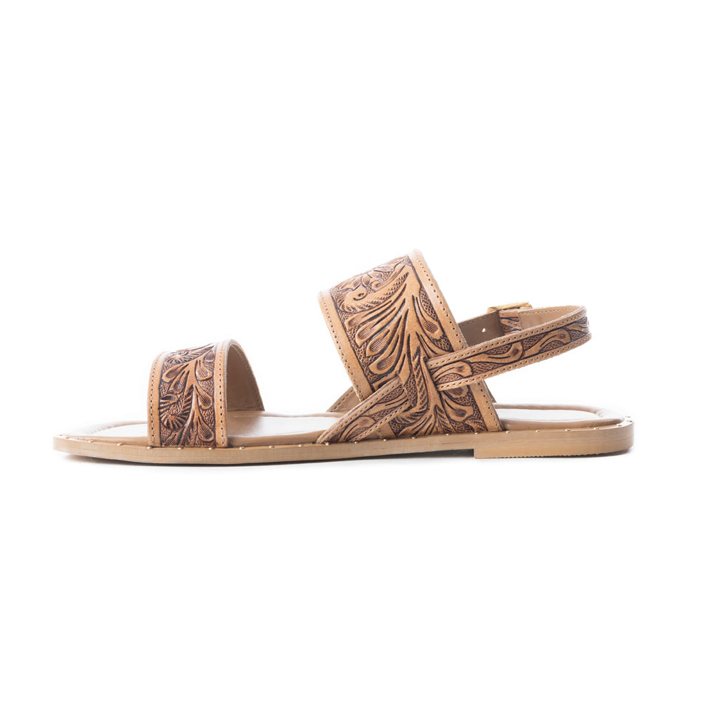 Sandalias de cuero Myra Wildflower Wanderer grabadas a mano para mujer – Correa con hebilla al tobillo, tallado floral western, comodidad diaria