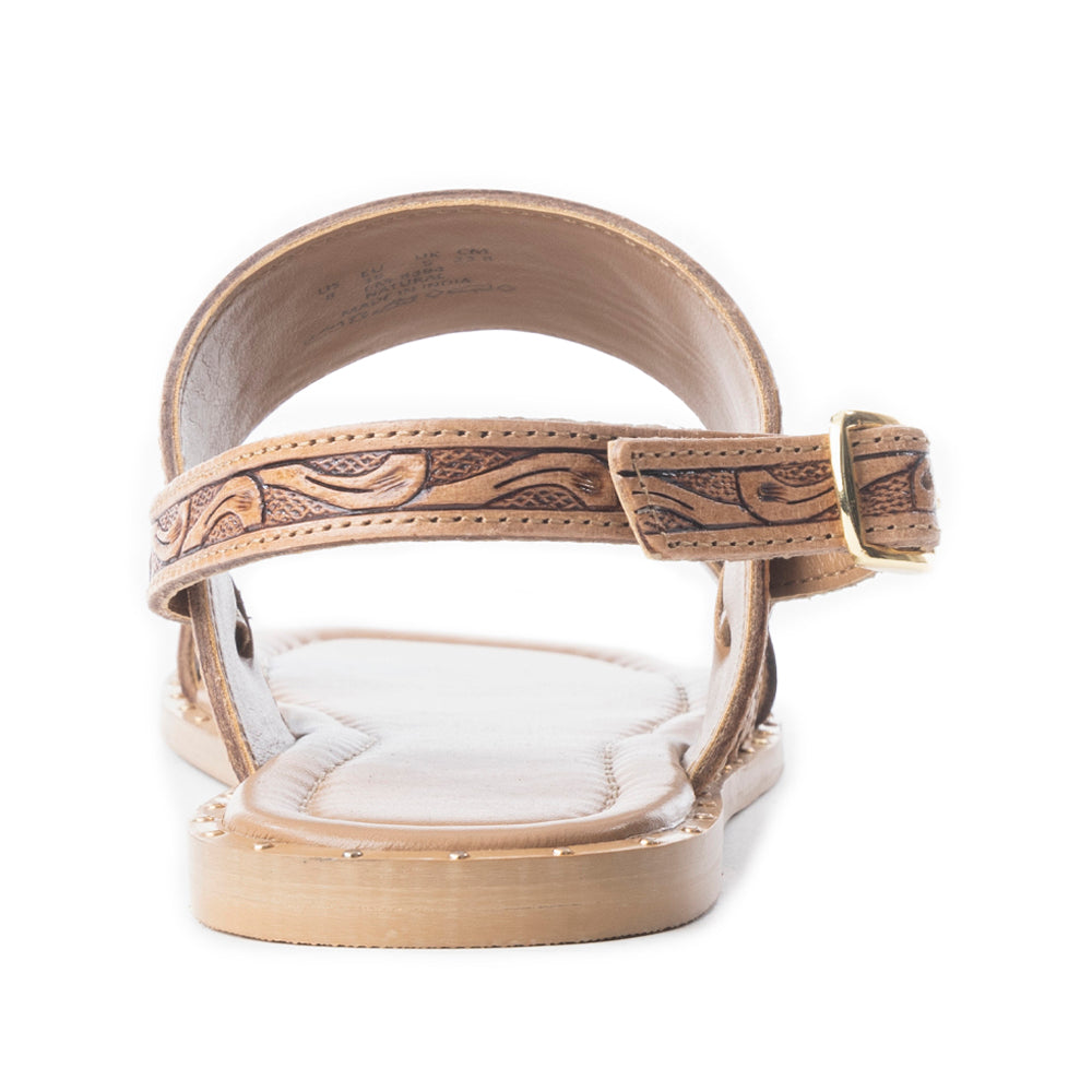 Sandalias de cuero Myra Wildflower Wanderer grabadas a mano para mujer – Correa con hebilla al tobillo, tallado floral western, comodidad diaria