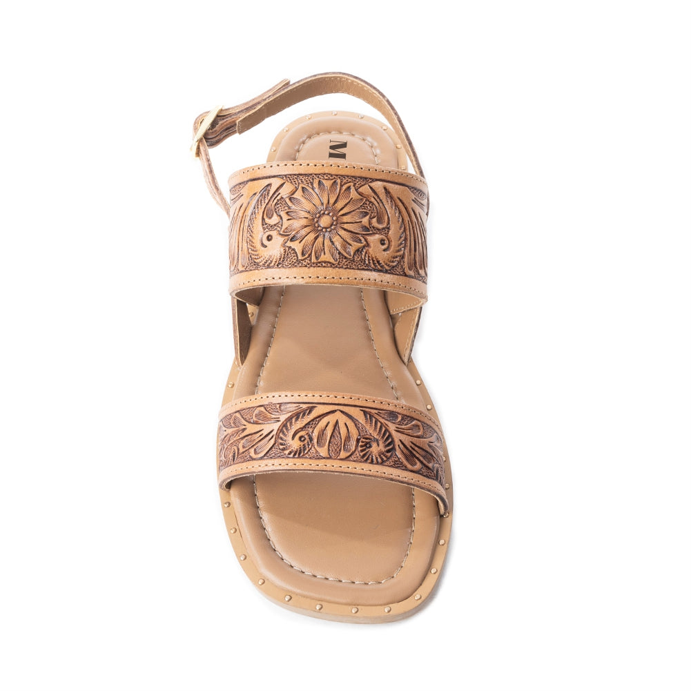 Sandalias de cuero Myra Wildflower Wanderer grabadas a mano para mujer – Correa con hebilla al tobillo, tallado floral western, comodidad diaria