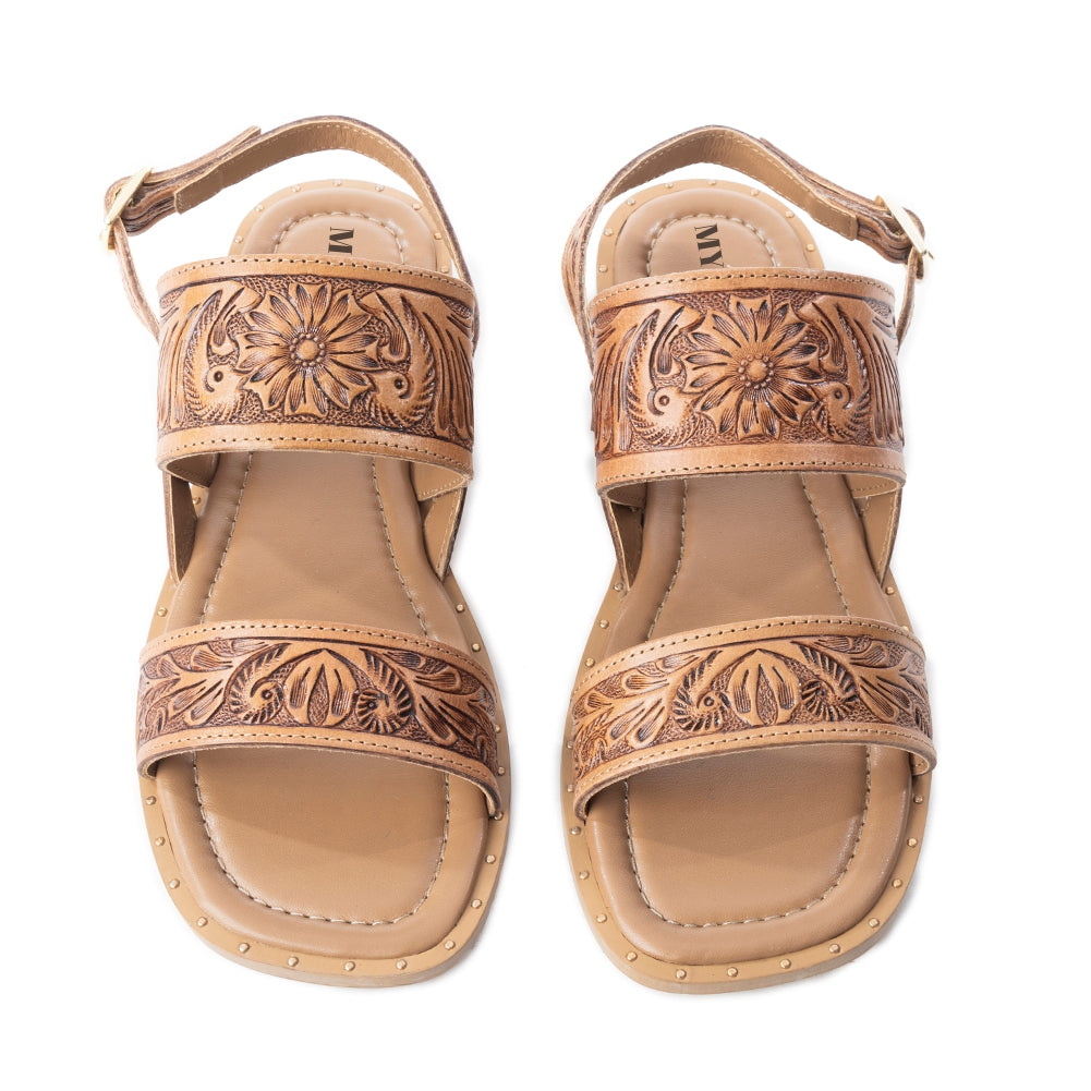 Sandalias de cuero Myra Wildflower Wanderer grabadas a mano para mujer – Correa con hebilla al tobillo, tallado floral western, comodidad diaria