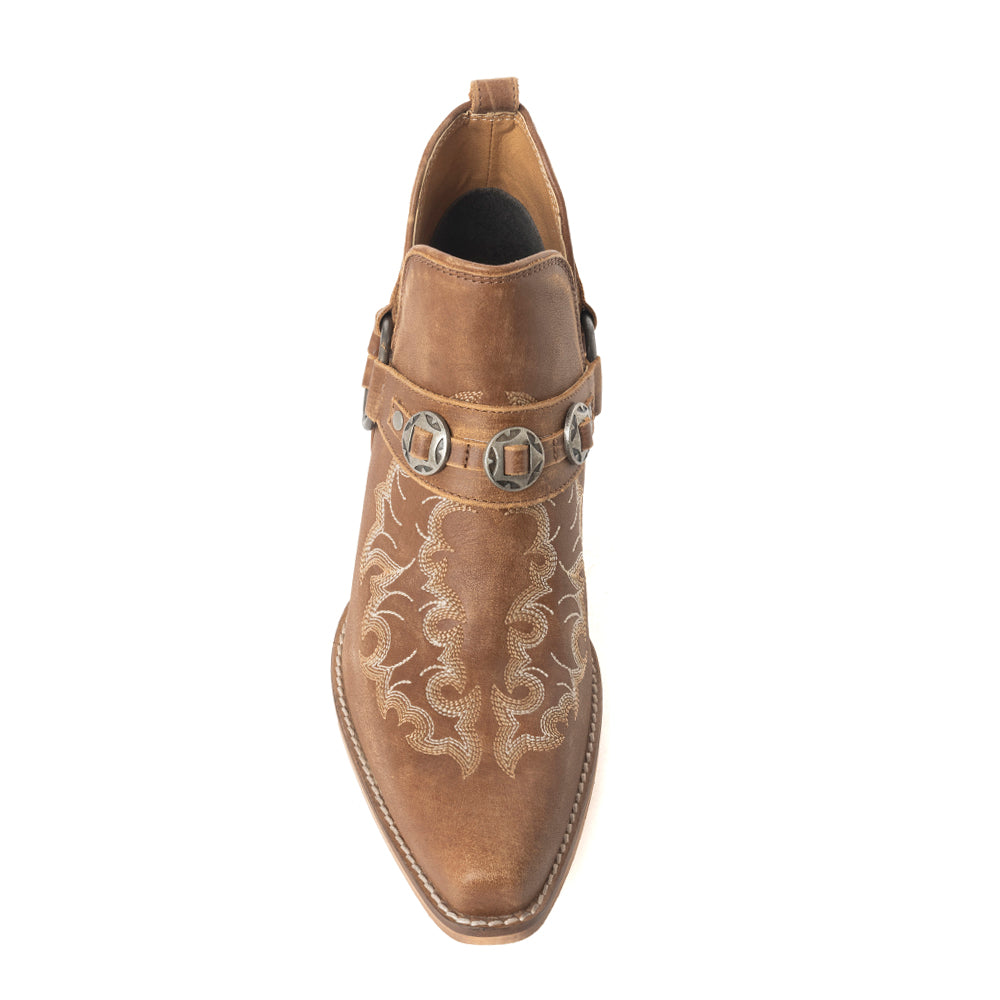 Botines de tobillo para mujer Myra Western Ember – Piel bordada con tiras de hebilla, puntera en punta y tacón bajo apilado