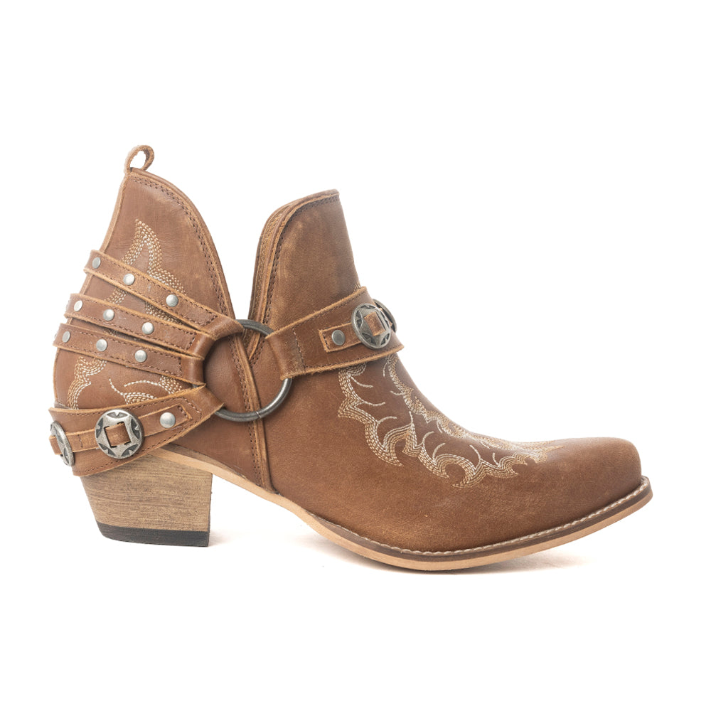 Botines de tobillo para mujer Myra Western Ember – Piel bordada con tiras de hebilla, puntera en punta y tacón bajo apilado