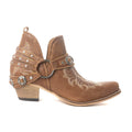 Botines de tobillo para mujer Myra Western Ember – Piel bordada con tiras de hebilla, puntera en punta y tacón bajo apilado
