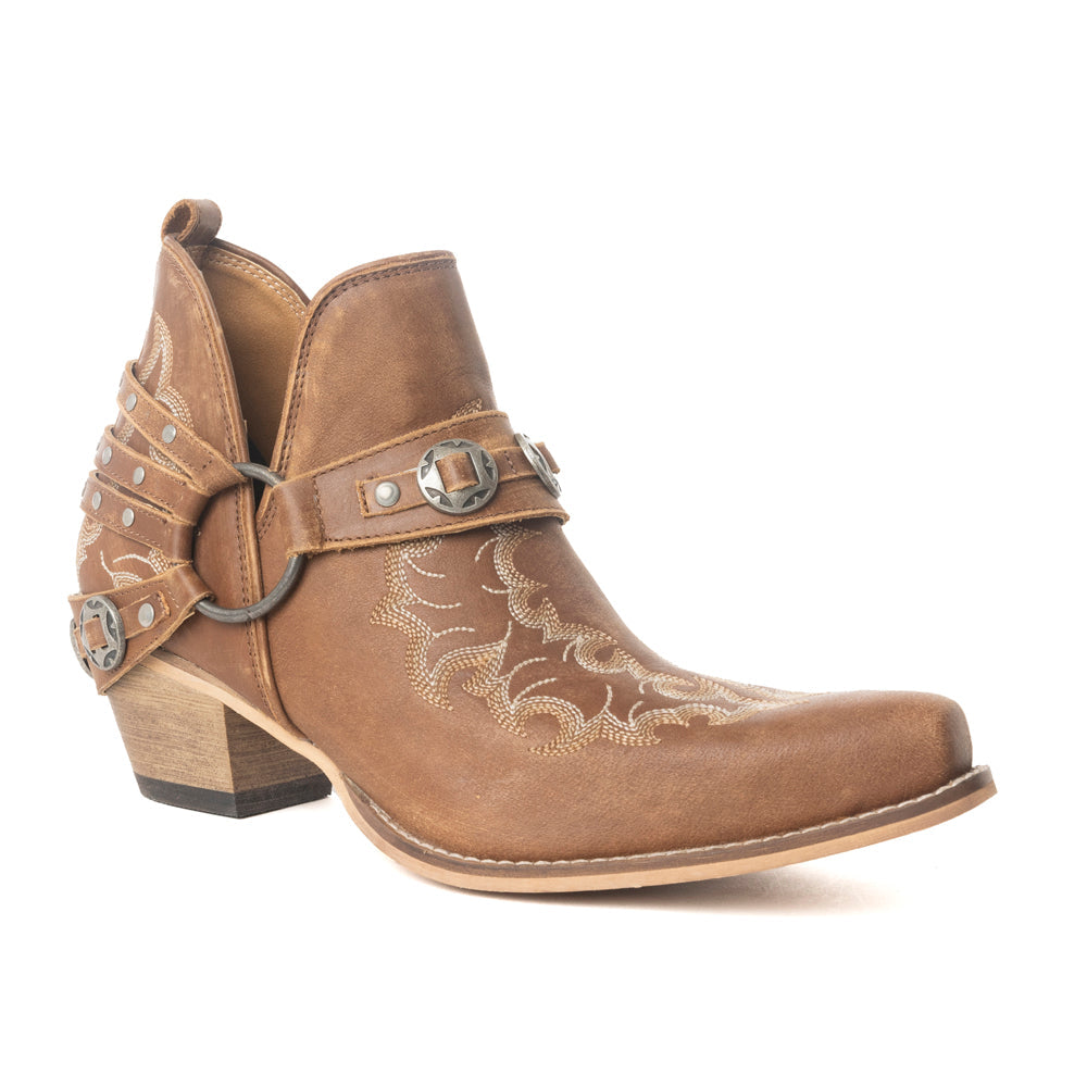 Botines de tobillo para mujer Myra Western Ember – Piel bordada con tiras de hebilla, puntera en punta y tacón bajo apilado