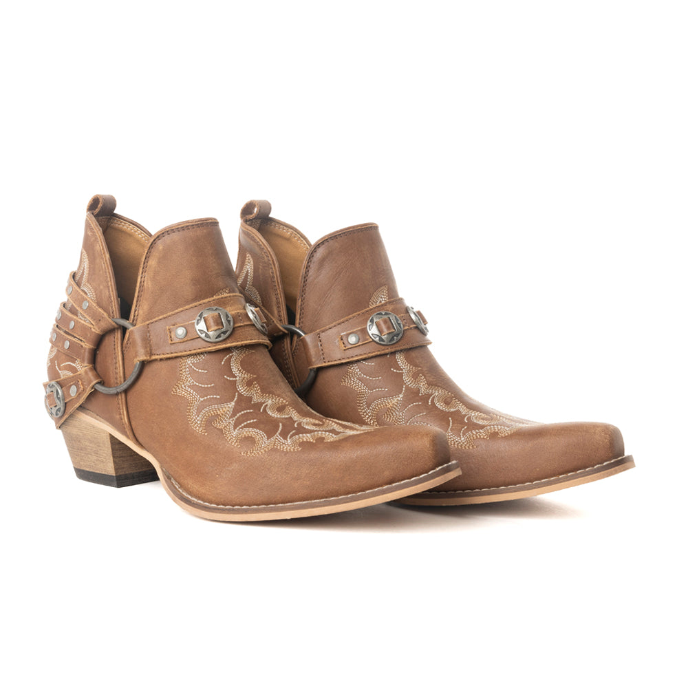 Botines de tobillo para mujer Myra Western Ember – Piel bordada con tiras de hebilla, puntera en punta y tacón bajo apilado