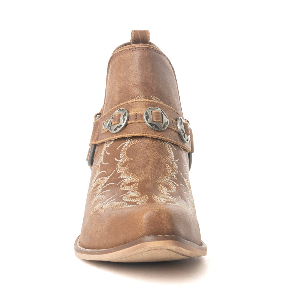 Botines de tobillo para mujer Myra Western Ember – Piel bordada con tiras de hebilla, puntera en punta y tacón bajo apilado