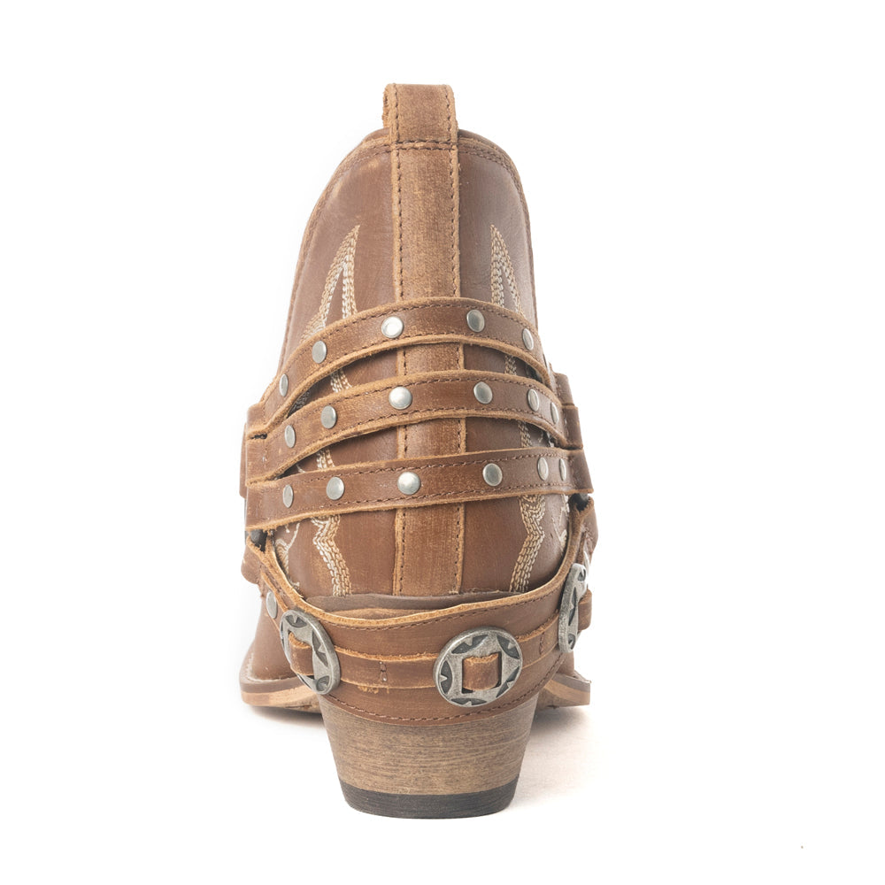 Botines de tobillo para mujer Myra Western Ember – Piel bordada con tiras de hebilla, puntera en punta y tacón bajo apilado