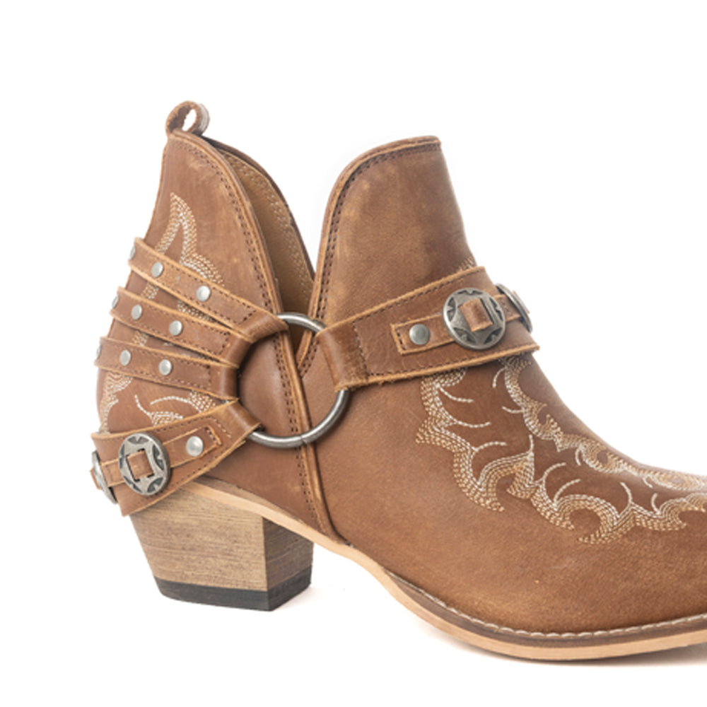 Botines de tobillo para mujer Myra Western Ember – Piel bordada con tiras de hebilla, puntera en punta y tacón bajo apilado