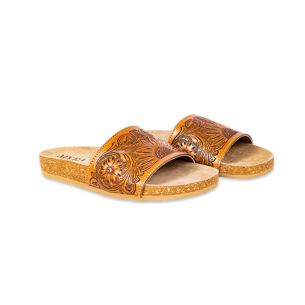 Sandalias sin cordones de cuero repujado a mano Myra Dottie para mujer – Repujado floral western con suela de corcho para comodidad casual