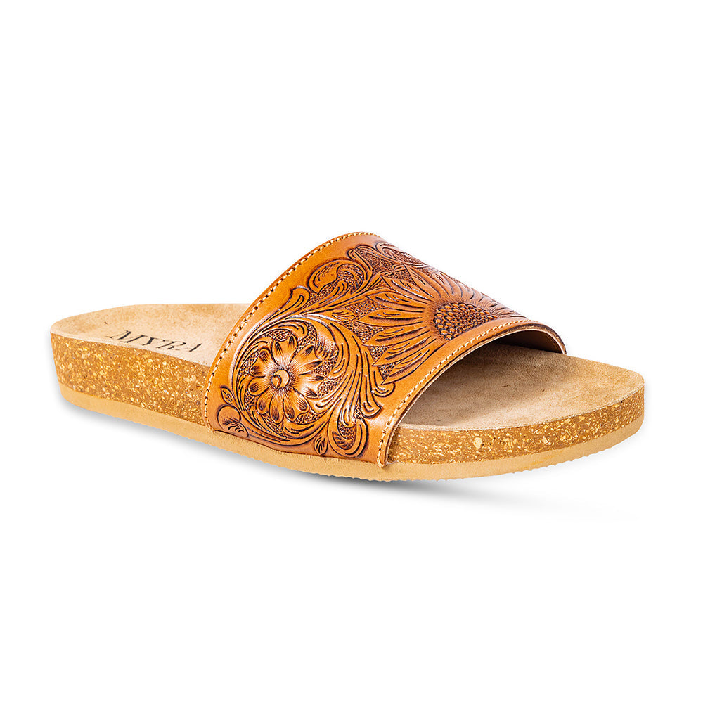 Sandalias sin cordones de cuero repujado a mano Myra Dottie para mujer – Repujado floral western con suela de corcho para comodidad casual