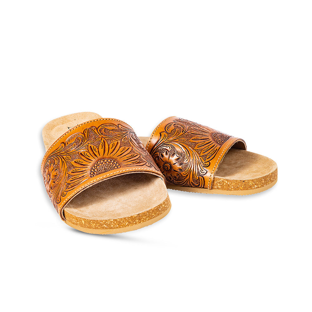 Sandalias sin cordones de cuero repujado a mano Myra Dottie para mujer – Repujado floral western con suela de corcho para comodidad casual