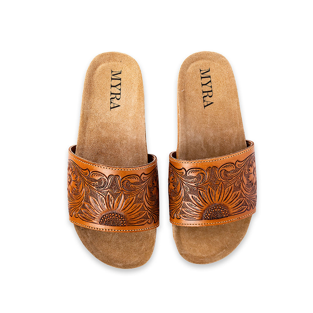 Sandalias sin cordones de cuero repujado a mano Myra Dottie para mujer – Repujado floral western con suela de corcho para comodidad casual
