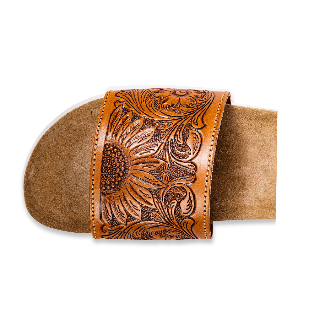 Sandalias sin cordones de cuero repujado a mano Myra Dottie para mujer – Repujado floral western con suela de corcho para comodidad casual