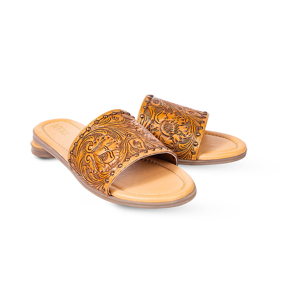 Myra Kasandra Sandalias de Piel Grabada para Mujer – Zapatillas tipo mules western con diseño floral grabado y plantilla acolchada