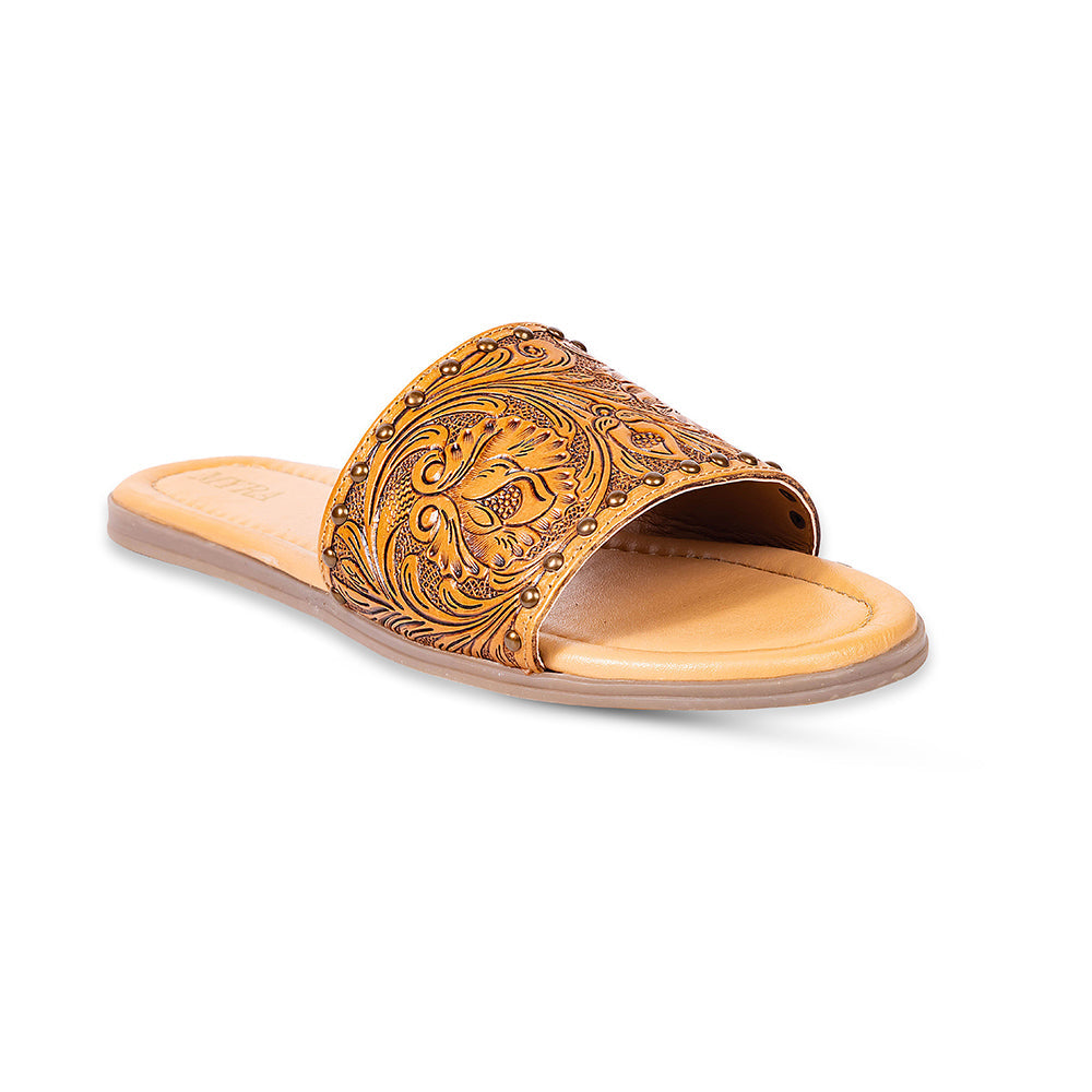 Myra Kasandra Sandalias de Piel Grabada para Mujer – Zapatillas tipo mules western con diseño floral grabado y plantilla acolchada