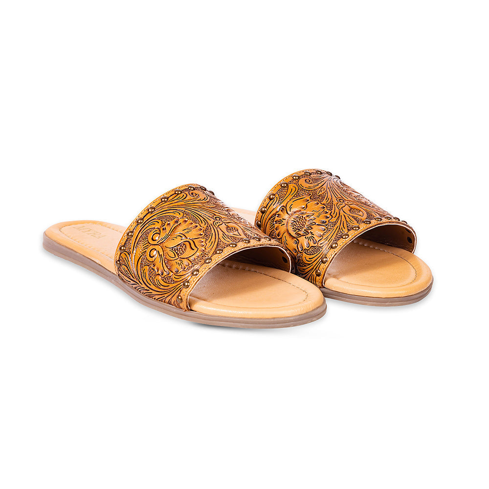 Myra Kasandra Sandalias de Piel Grabada para Mujer – Zapatillas tipo mules western con diseño floral grabado y plantilla acolchada