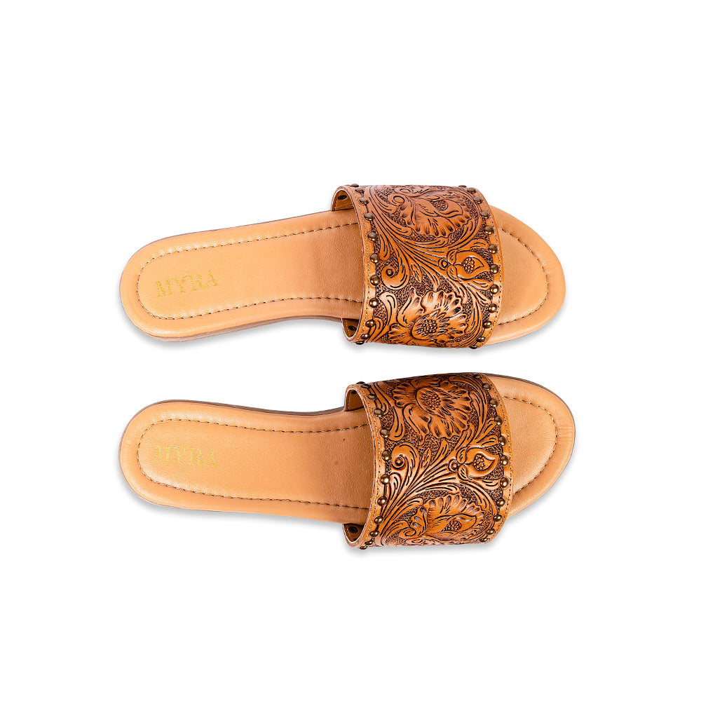 Myra Kasandra Sandalias de Piel Grabada para Mujer – Zapatillas tipo mules western con diseño floral grabado y plantilla acolchada