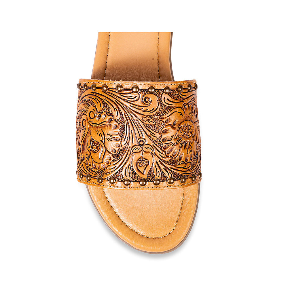 Myra Kasandra Sandalias de Piel Grabada para Mujer – Zapatillas tipo mules western con diseño floral grabado y plantilla acolchada