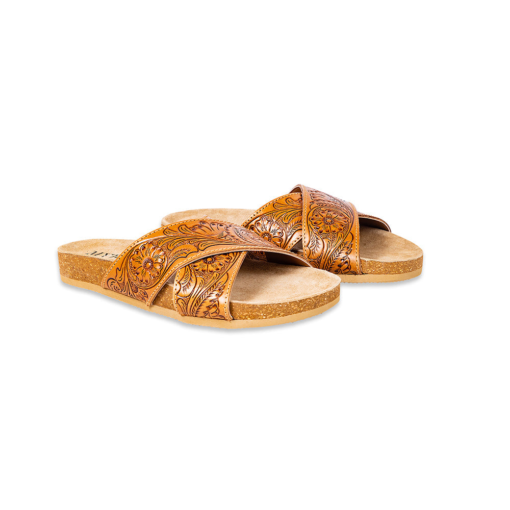 Sandalias de cuero Myra Gracie hechas a mano para mujer – Chanclas cruzadas estilo western con suela de corcho para el rancho, el rodeo y la comodidad diaria