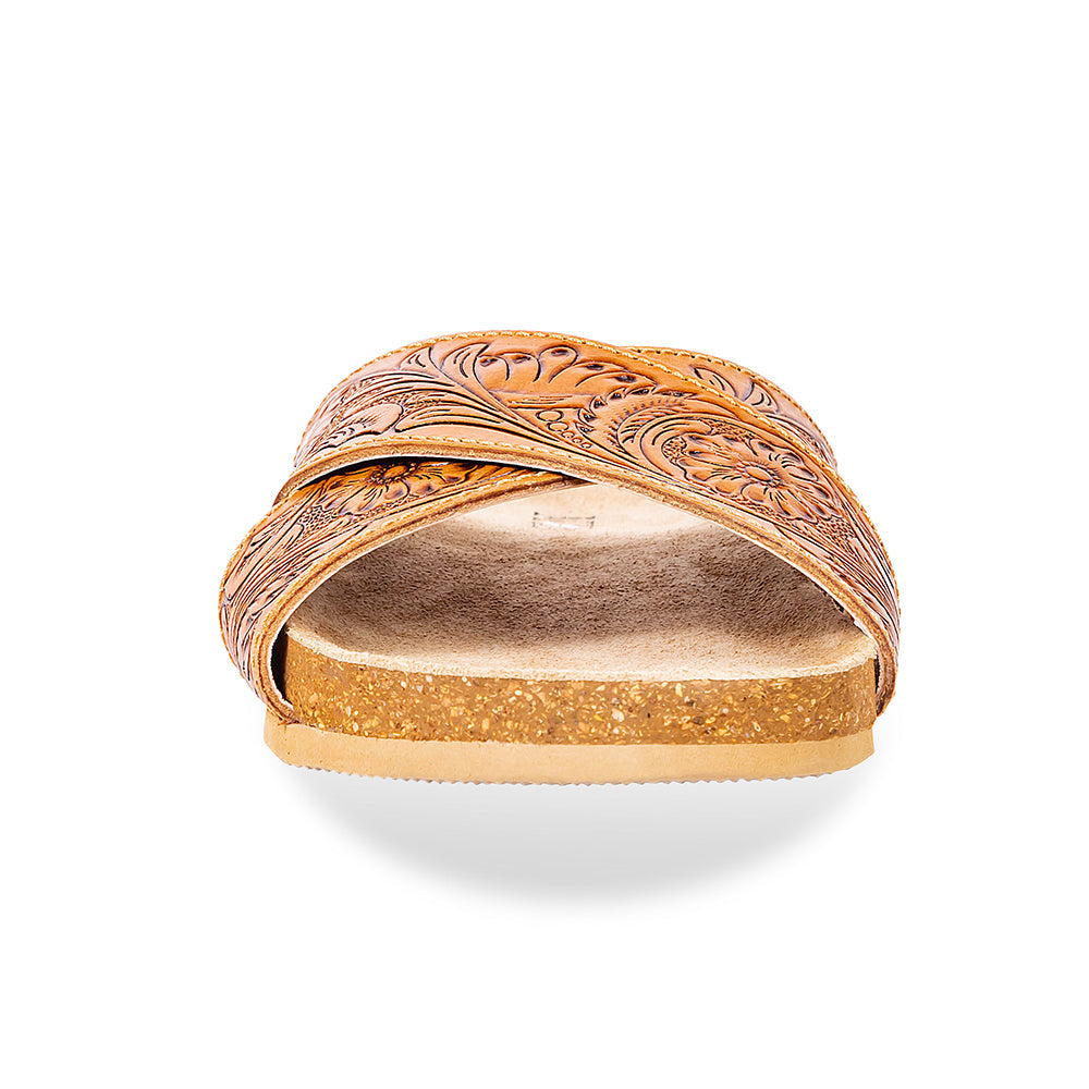 Sandalias de cuero Myra Gracie hechas a mano para mujer – Chanclas cruzadas estilo western con suela de corcho para el rancho, el rodeo y la comodidad diaria