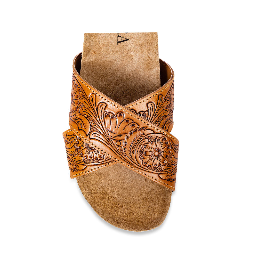 Sandalias de cuero Myra Gracie hechas a mano para mujer – Chanclas cruzadas estilo western con suela de corcho para el rancho, el rodeo y la comodidad diaria