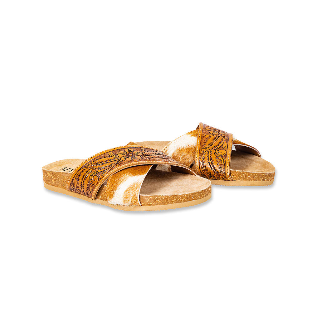 Sandalias de cuero Myra Prairie con grabado a mano para mujer – Diseño floral occidental, plantilla de corcho suave para mayor comodidad