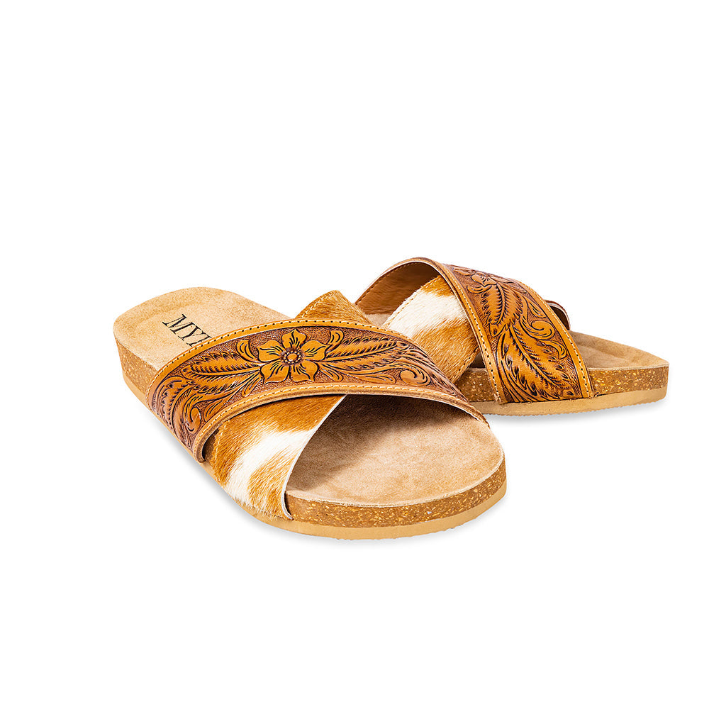 Sandalias de cuero Myra Prairie con grabado a mano para mujer – Diseño floral occidental, plantilla de corcho suave para mayor comodidad