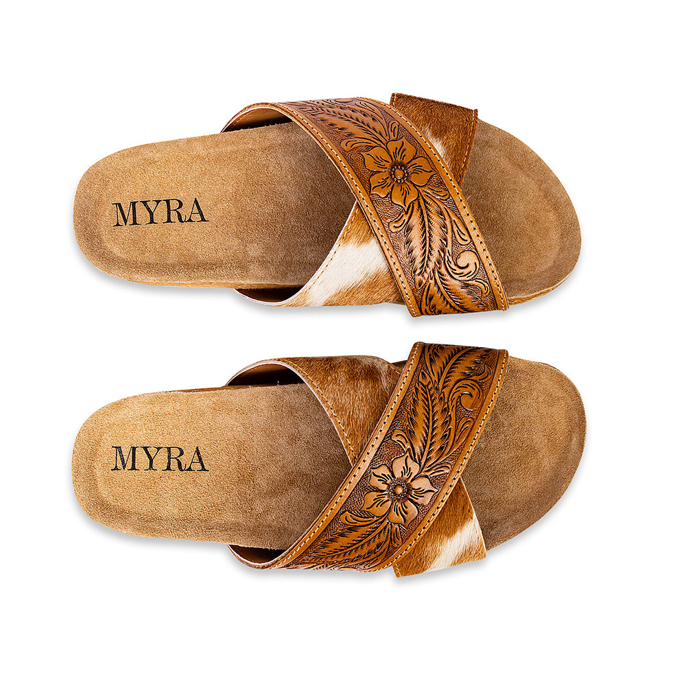 Sandalias de cuero Myra Prairie con grabado a mano para mujer – Diseño floral occidental, plantilla de corcho suave para mayor comodidad