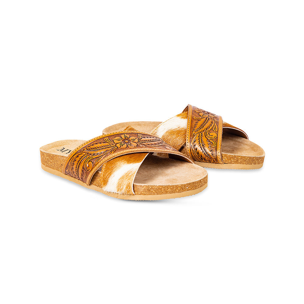 Sandalias de cuero Myra Prairie con grabado a mano para mujer – Diseño floral occidental, plantilla de corcho suave para mayor comodidad