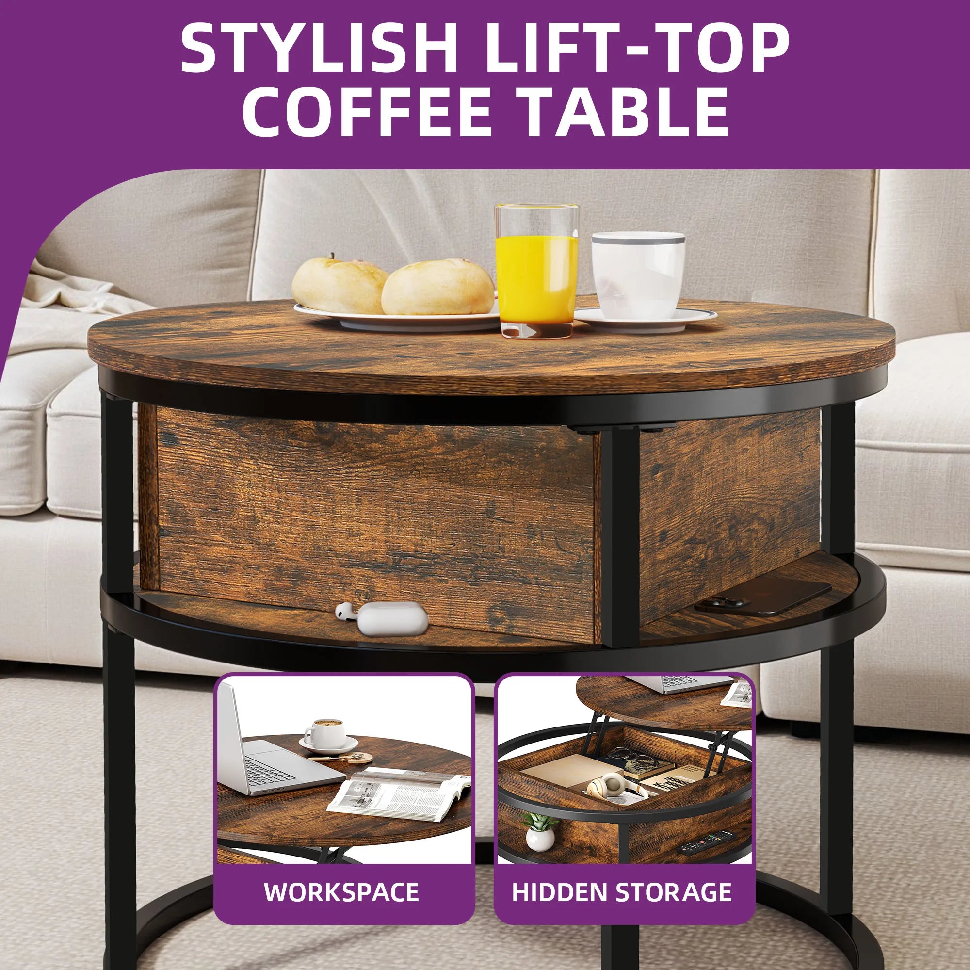 YITAHOME Mesa de centro con tablero elevable, mesa de centro redonda elevable con compartimento de almacenamiento oculto, 60x60x47cm