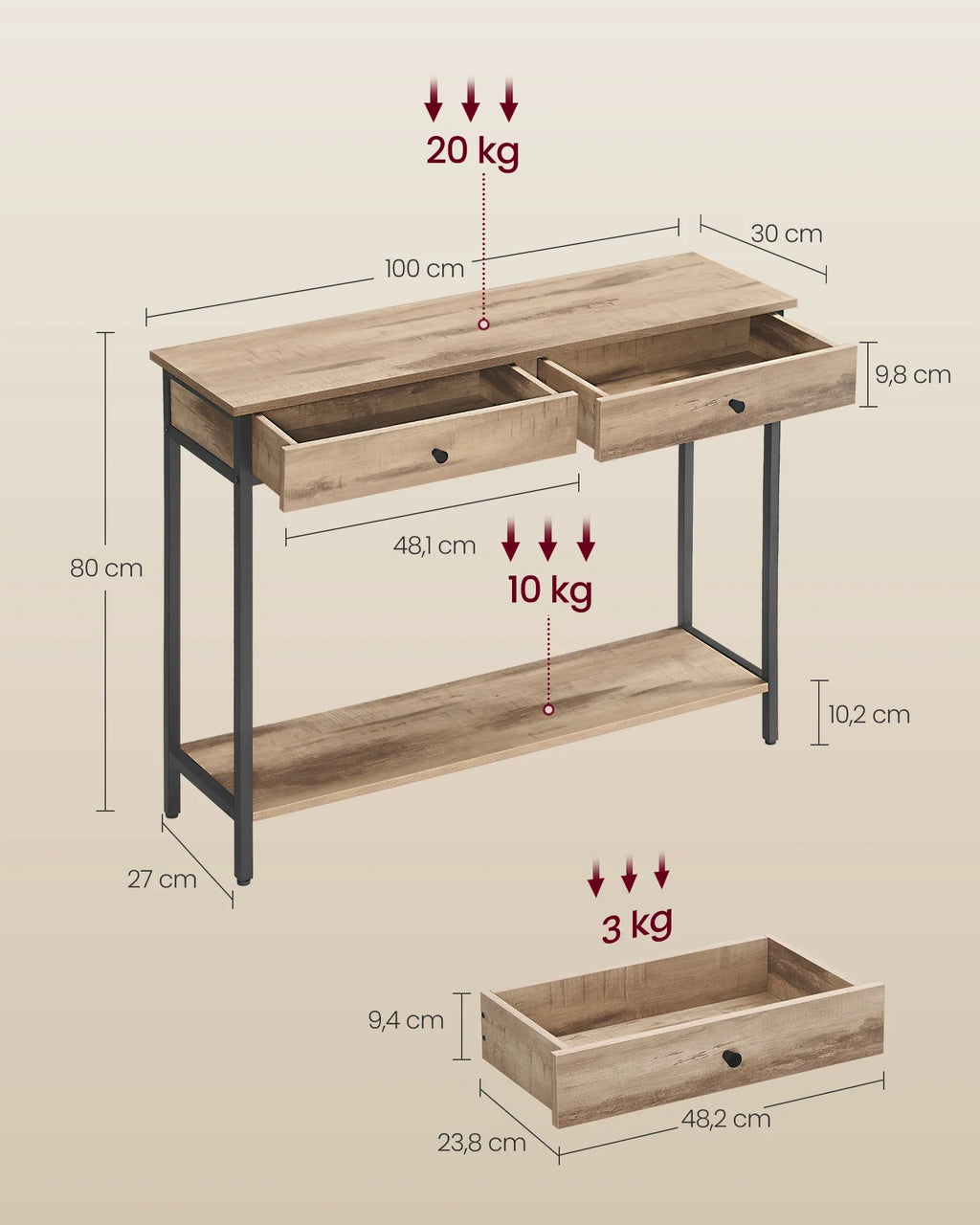 VASAGLE Console table, Hallway table, side table table, Sofa table with 2 drawers
