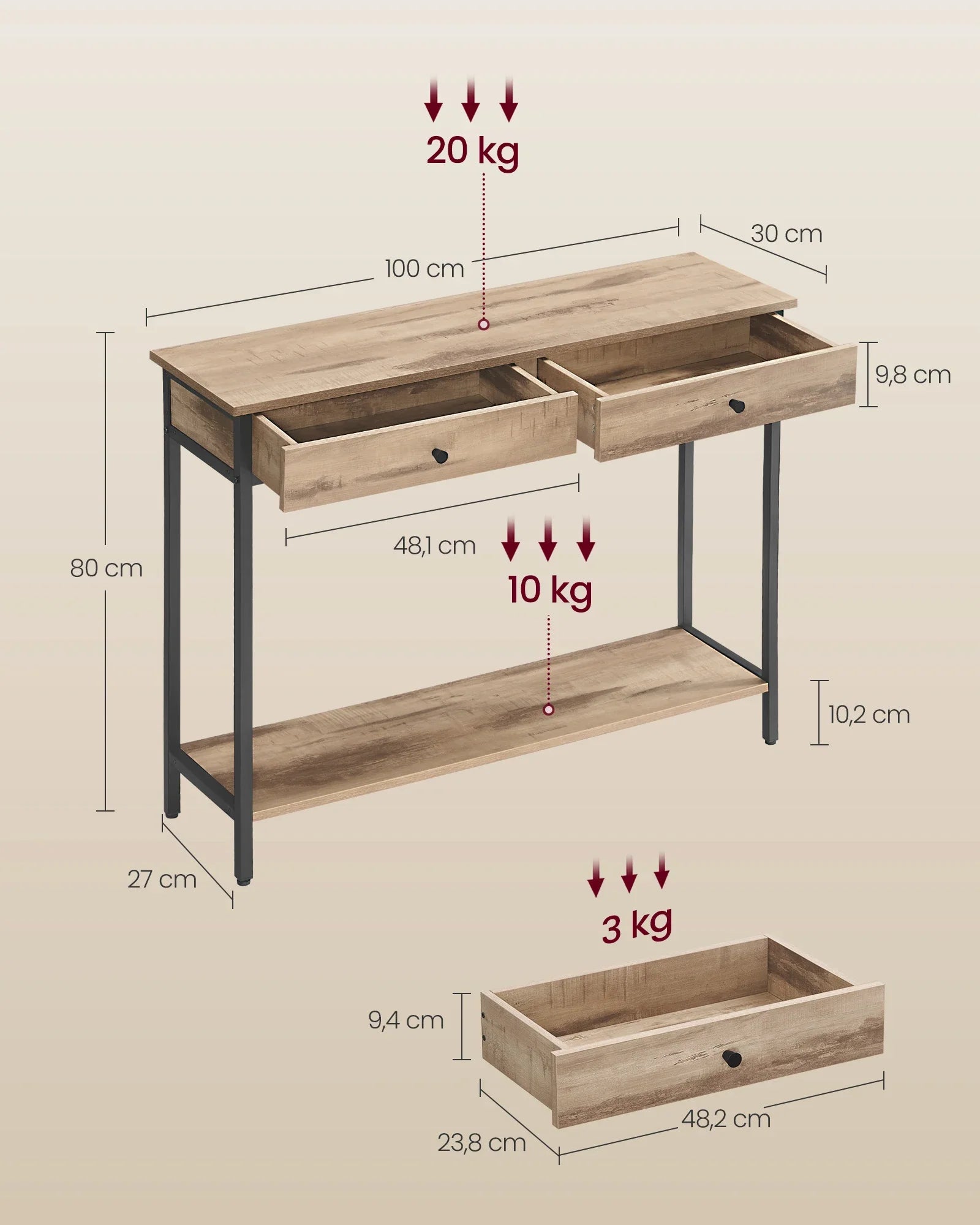 VASAGLE Mesa consola, Mesa de pasillo, Mesa auxiliar, Mesa de sofá con 2 cajones