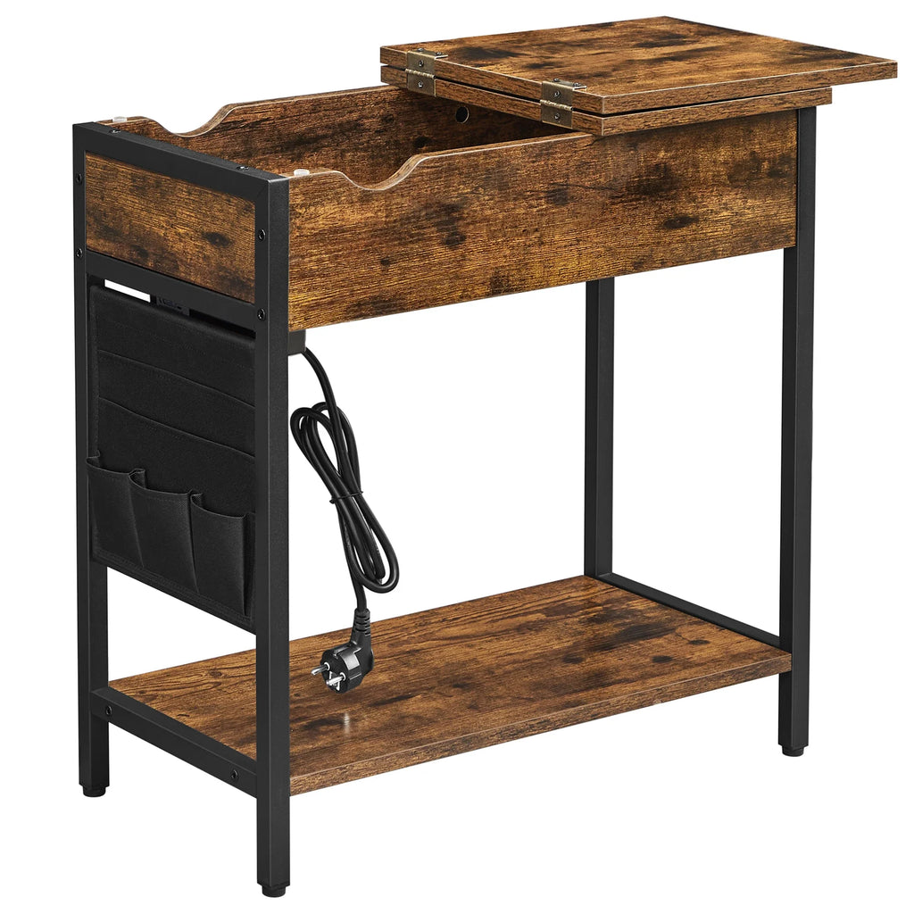VASAGLE Mesa Auxiliar con Enchufe Múltiple, Mesa Auxiliar Estrecha con Puertos USB, Bolsillos, Mesita de Noche, para Sala de Estar, Dormitorio