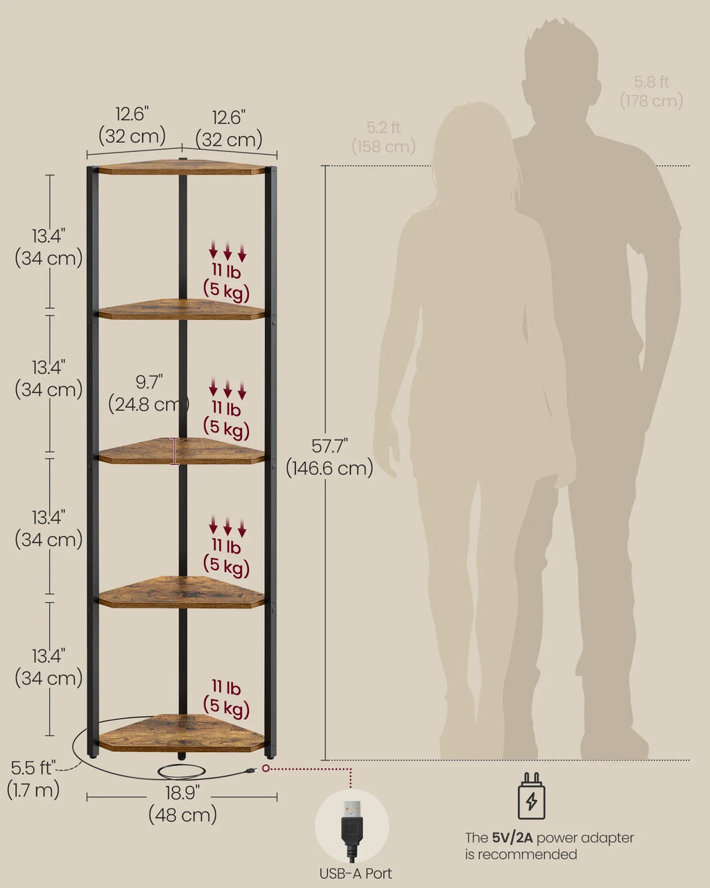 VASAGLE 5-Tier Corner Shelf, Bookcase with Adjustable LED Lights, Storage Shelf with Steel Frame