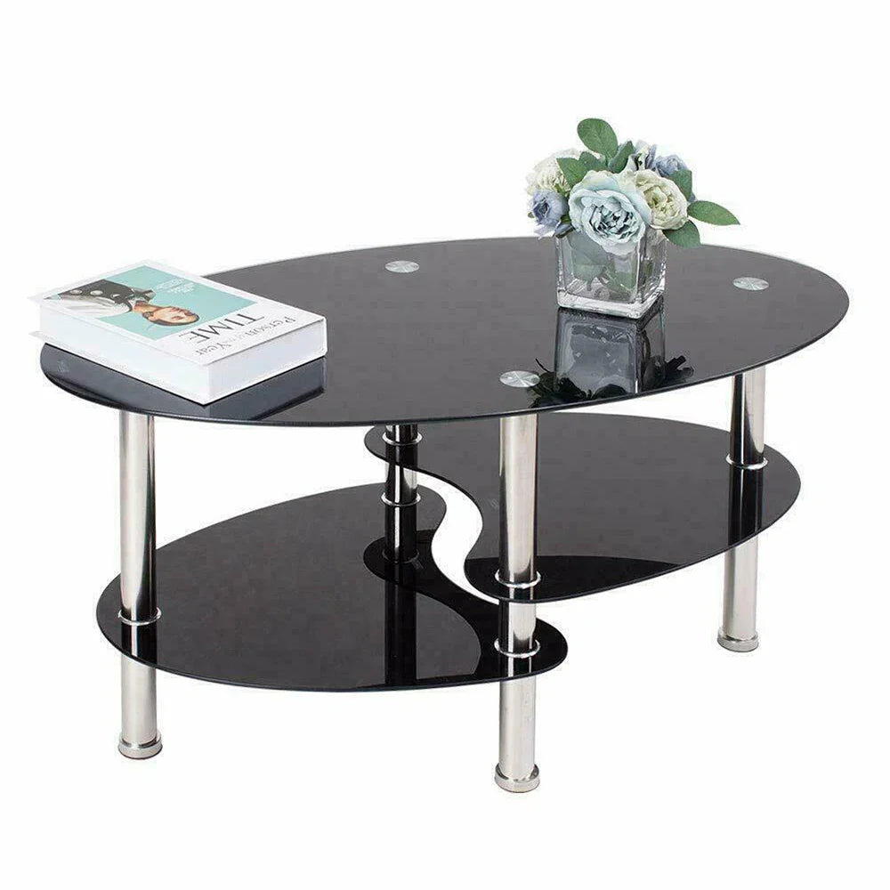 Mesa de Centro de Cristal de 3 Niveles, Mesa de Café Moderna con Espacio de Almacenamiento. Mesa Auxiliar para Sala de Estar, Balcón, Terraza, Jardín, Oficina
