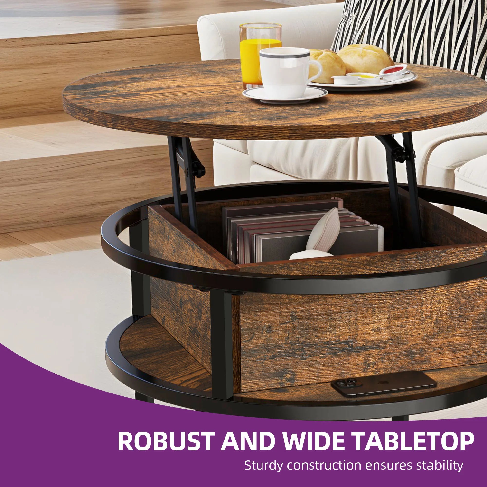YITAHOME Mesa de centro con tablero elevable, mesa de centro redonda elevable con compartimento de almacenamiento oculto, 60x60x47cm