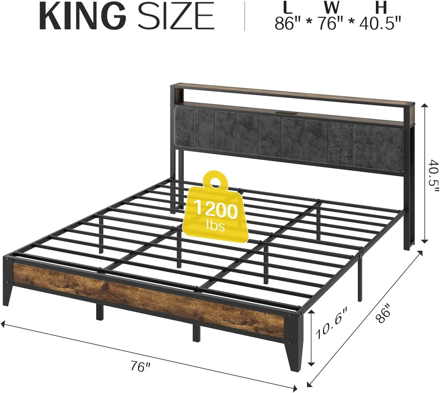 Estructura de cama King con cabecero, plataforma de metal tamaño King con 2 niveles de almacenamiento, luz LED y estación de carga tipo C