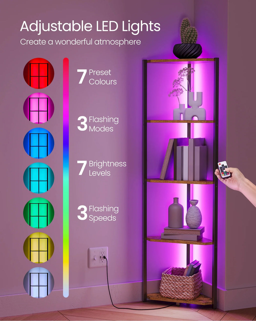 VASAGLE 5-Tier Corner Shelf, Bookcase with Adjustable LED Lights, Storage Shelf with Steel Frame
