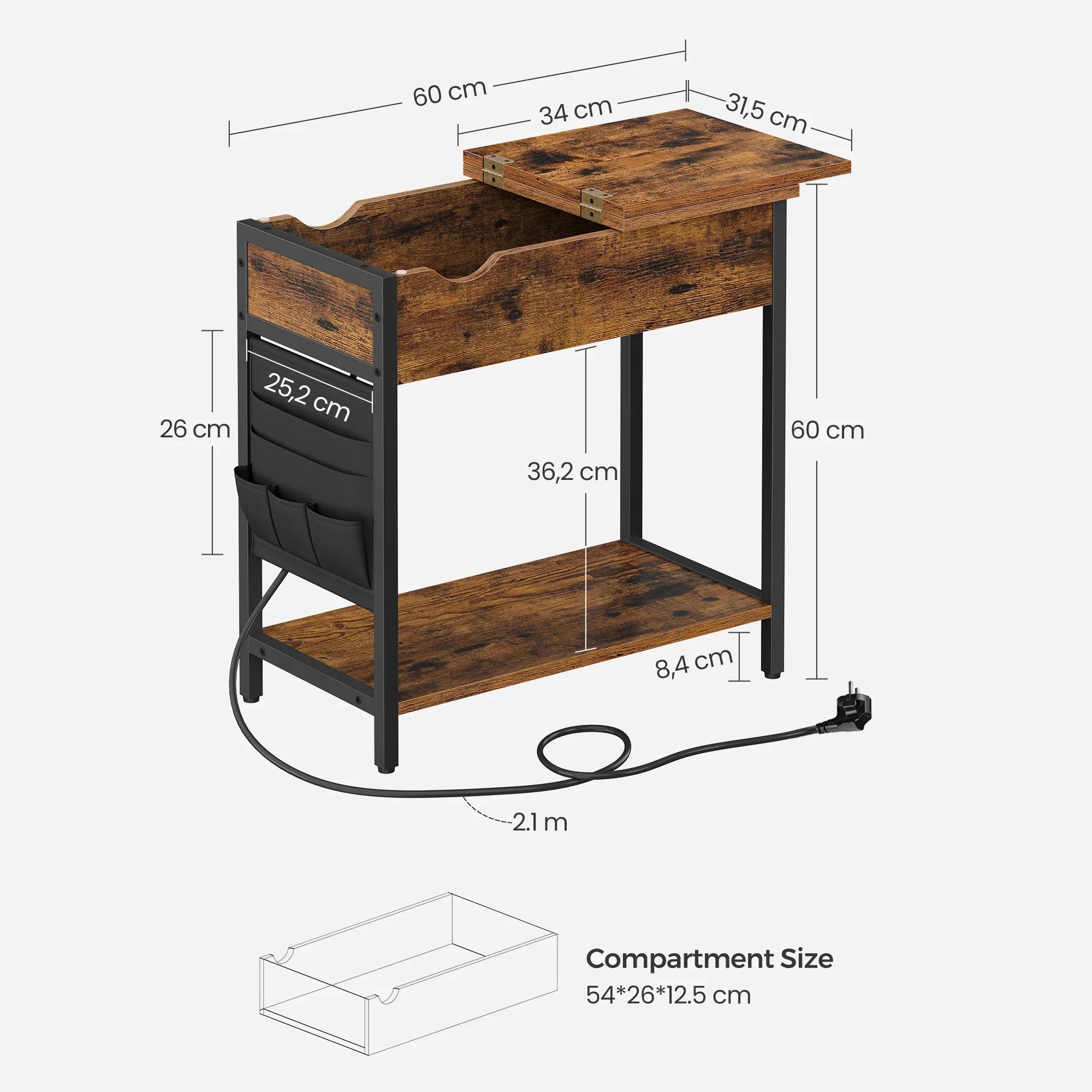 VASAGLE Mesa Auxiliar con Enchufe Múltiple, Mesa Auxiliar Estrecha con Puertos USB, Bolsillos, Mesita de Noche, para Sala de Estar, Dormitorio