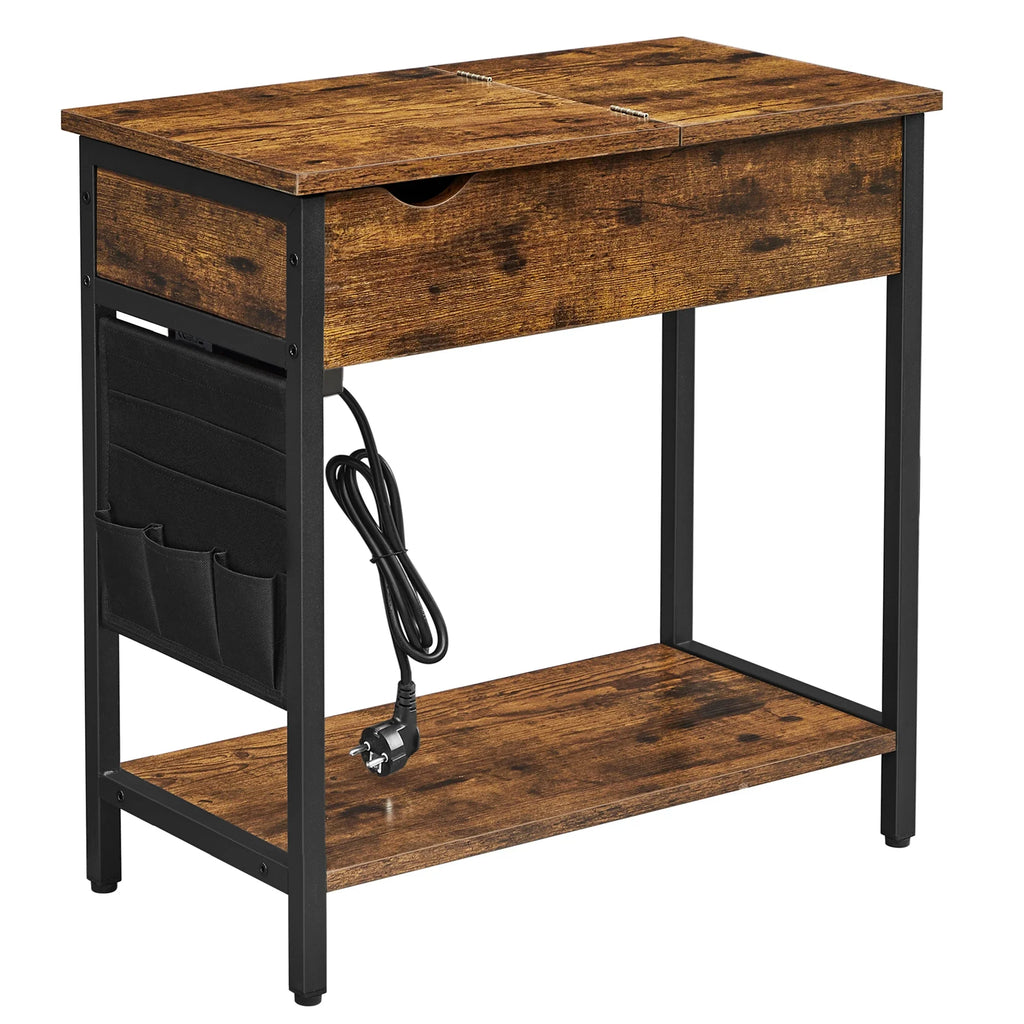 VASAGLE Mesa Auxiliar con Enchufe Múltiple, Mesa Auxiliar Estrecha con Puertos USB, Bolsillos, Mesita de Noche, para Sala de Estar, Dormitorio