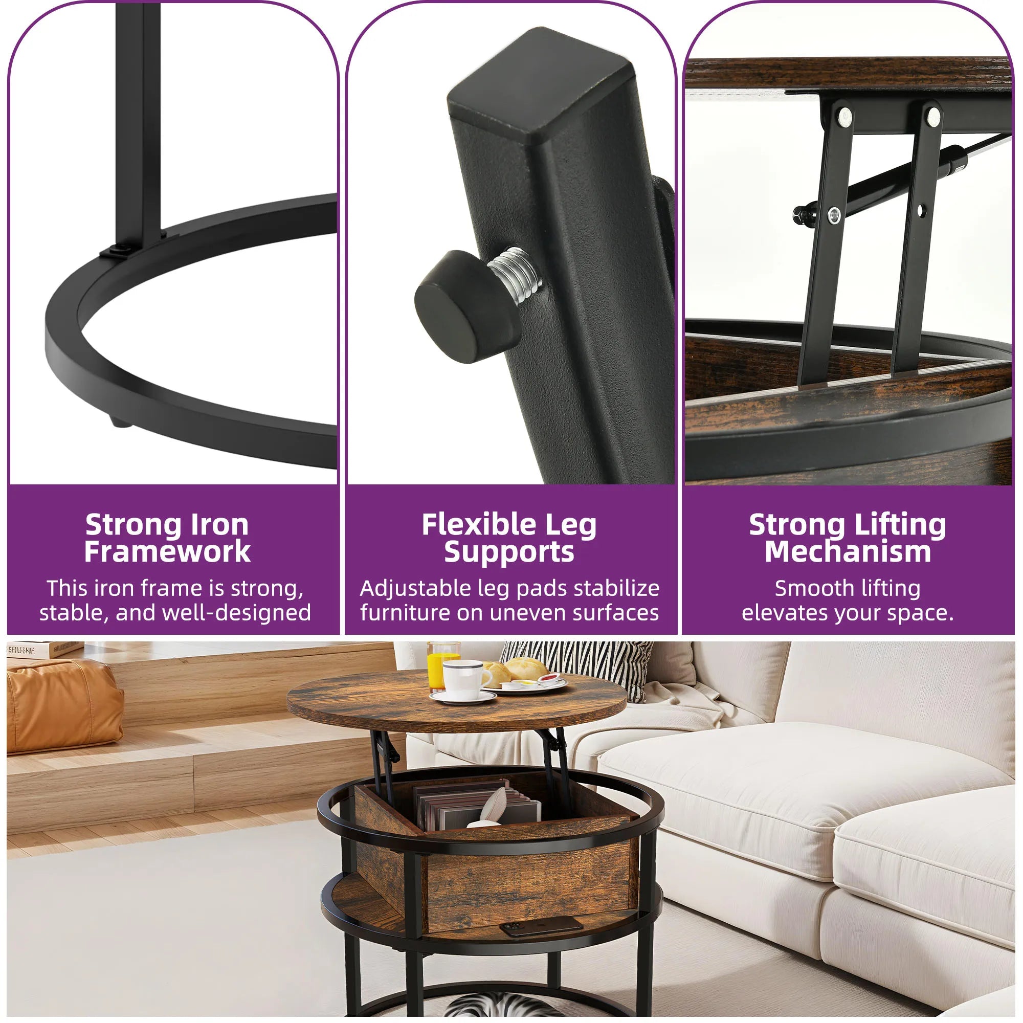 YITAHOME Mesa de centro con tablero elevable, mesa de centro redonda elevable con compartimento de almacenamiento oculto, 60x60x47cm
